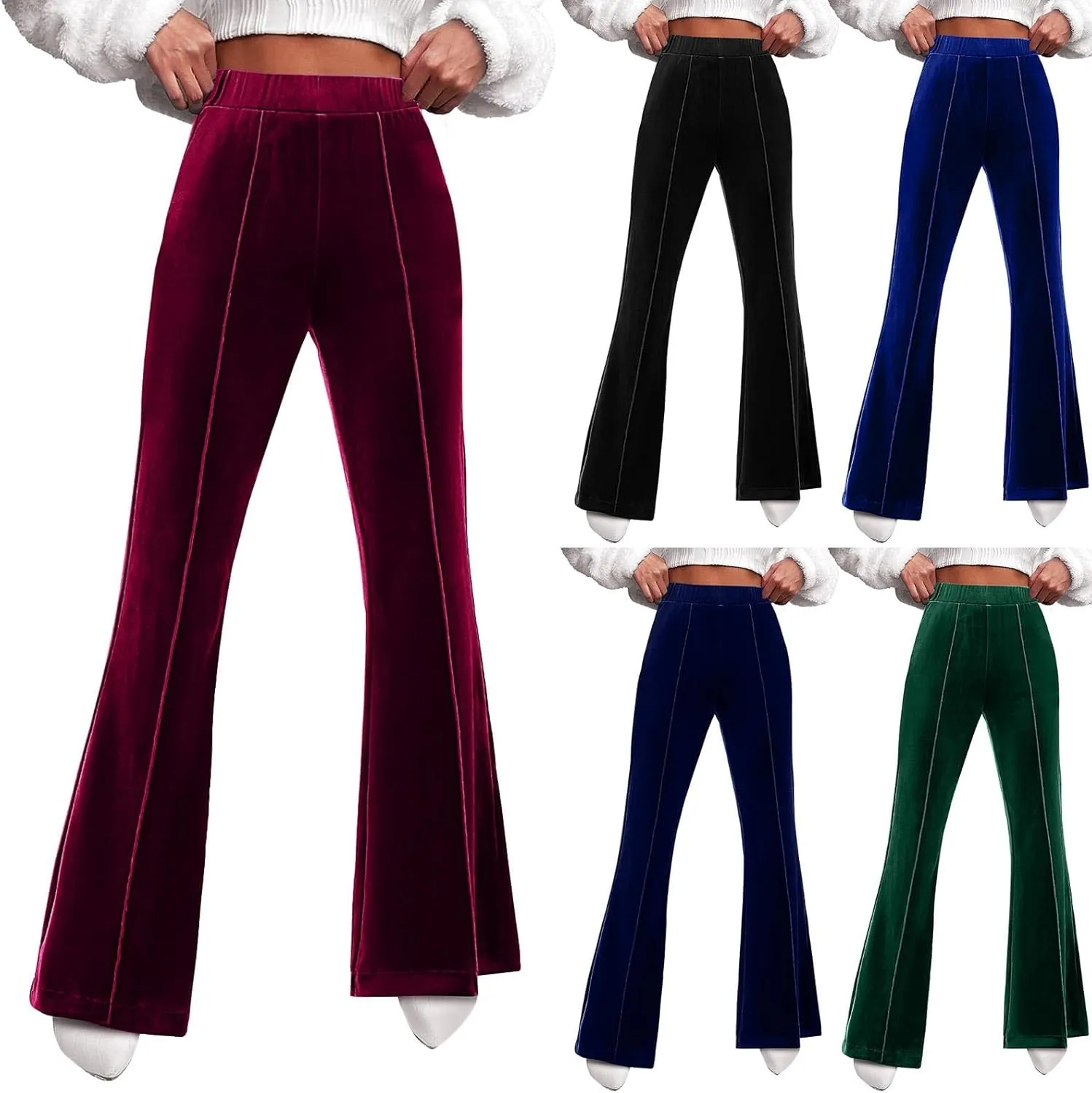sdbrld Velvet Pants Women High Waisted Wide Leg Flare Elastic Waist Pull On Trousers Sparkle Pants