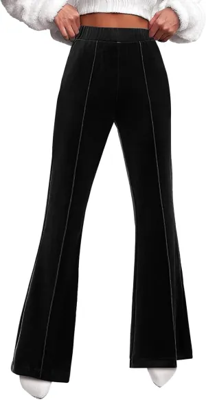 sdbrld Velvet Pants Women High Waisted Wide Leg Flare Elastic Waist Pull On Trousers Sparkle Pants