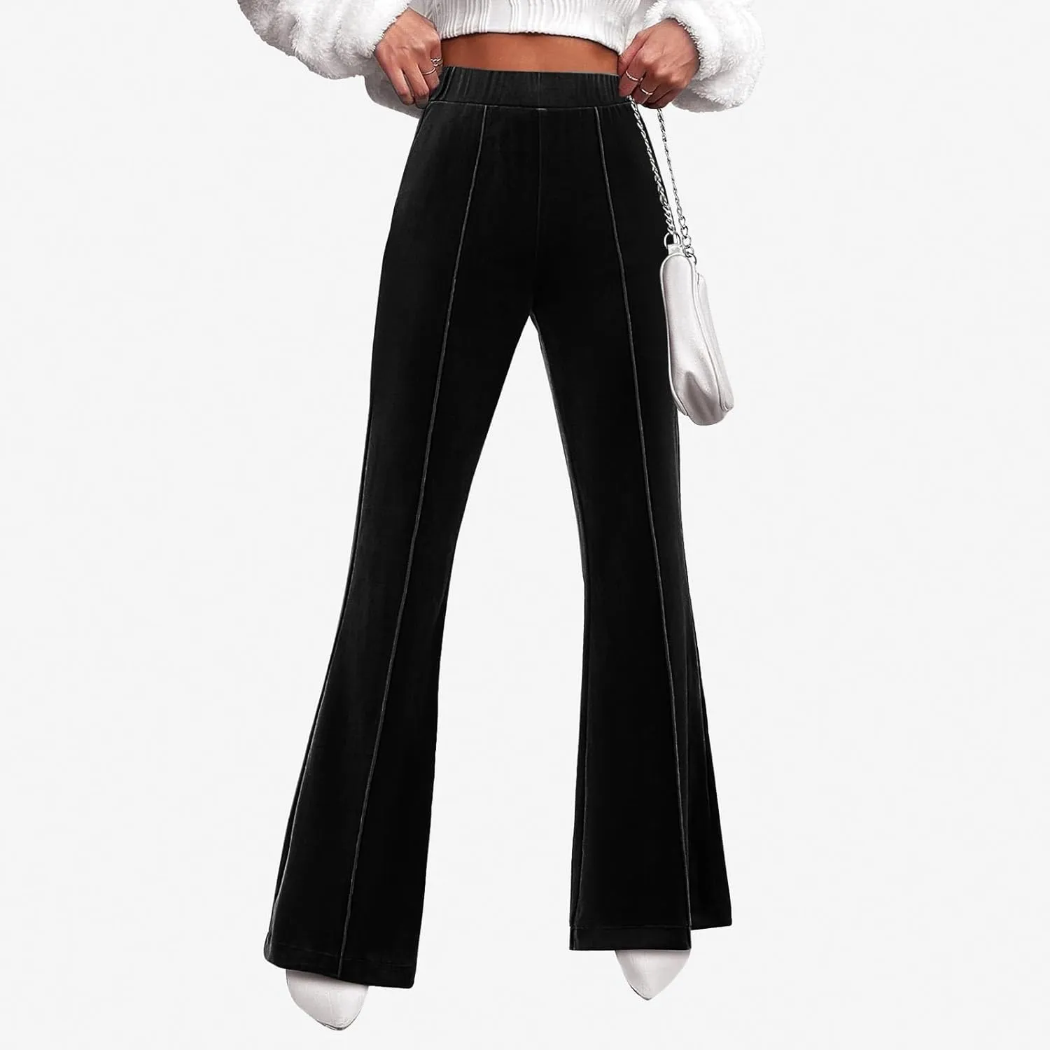 sdbrld Velvet Pants Women High Waisted Wide Leg Flare Elastic Waist Pull On Trousers Sparkle Pants