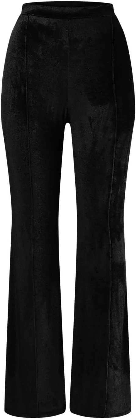 sdbrld Velvet Pants Women High Waisted Wide Leg Flare Elastic Waist Pull On Trousers Sparkle Pants
