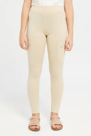 Senior Girls Beige Zipper Pocket Leggings