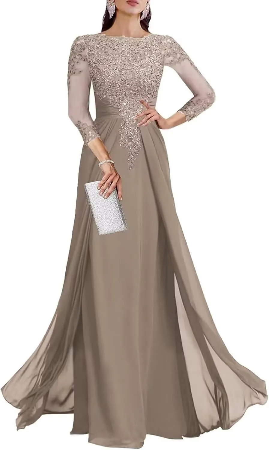 Sequin Mother of The Bride Dresses for Wedding 3/4 Sleeve Chiffon Long Formal Evening Party Dresses for Women