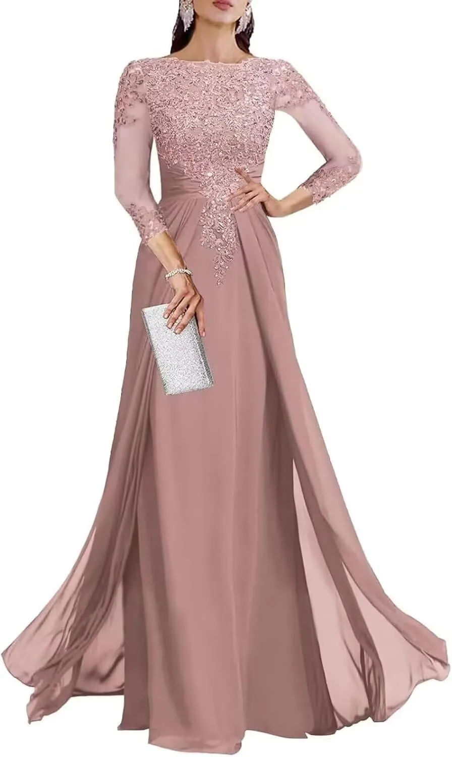 Sequin Mother of The Bride Dresses for Wedding 3/4 Sleeve Chiffon Long Formal Evening Party Dresses for Women
