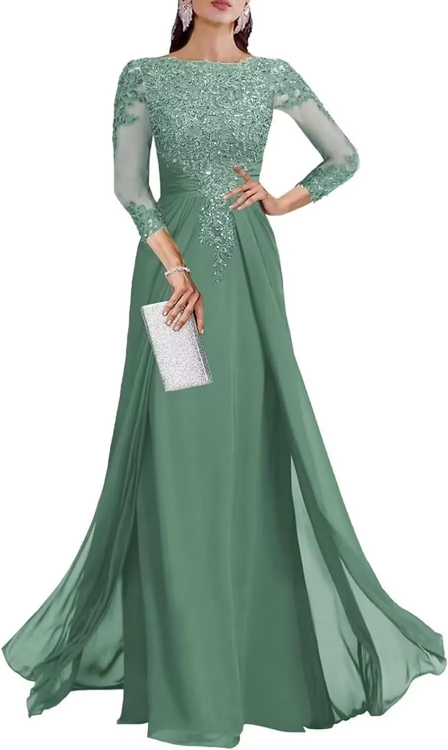 Sequin Mother of The Bride Dresses for Wedding 3/4 Sleeve Chiffon Long Formal Evening Party Dresses for Women