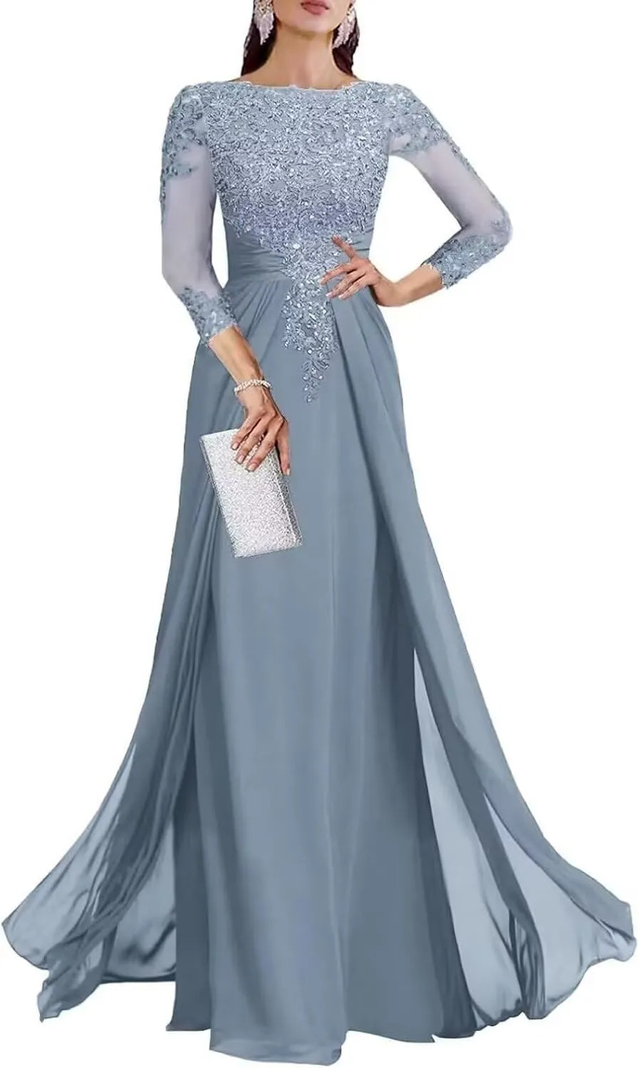 Sequin Mother of The Bride Dresses for Wedding 3/4 Sleeve Chiffon Long Formal Evening Party Dresses for Women