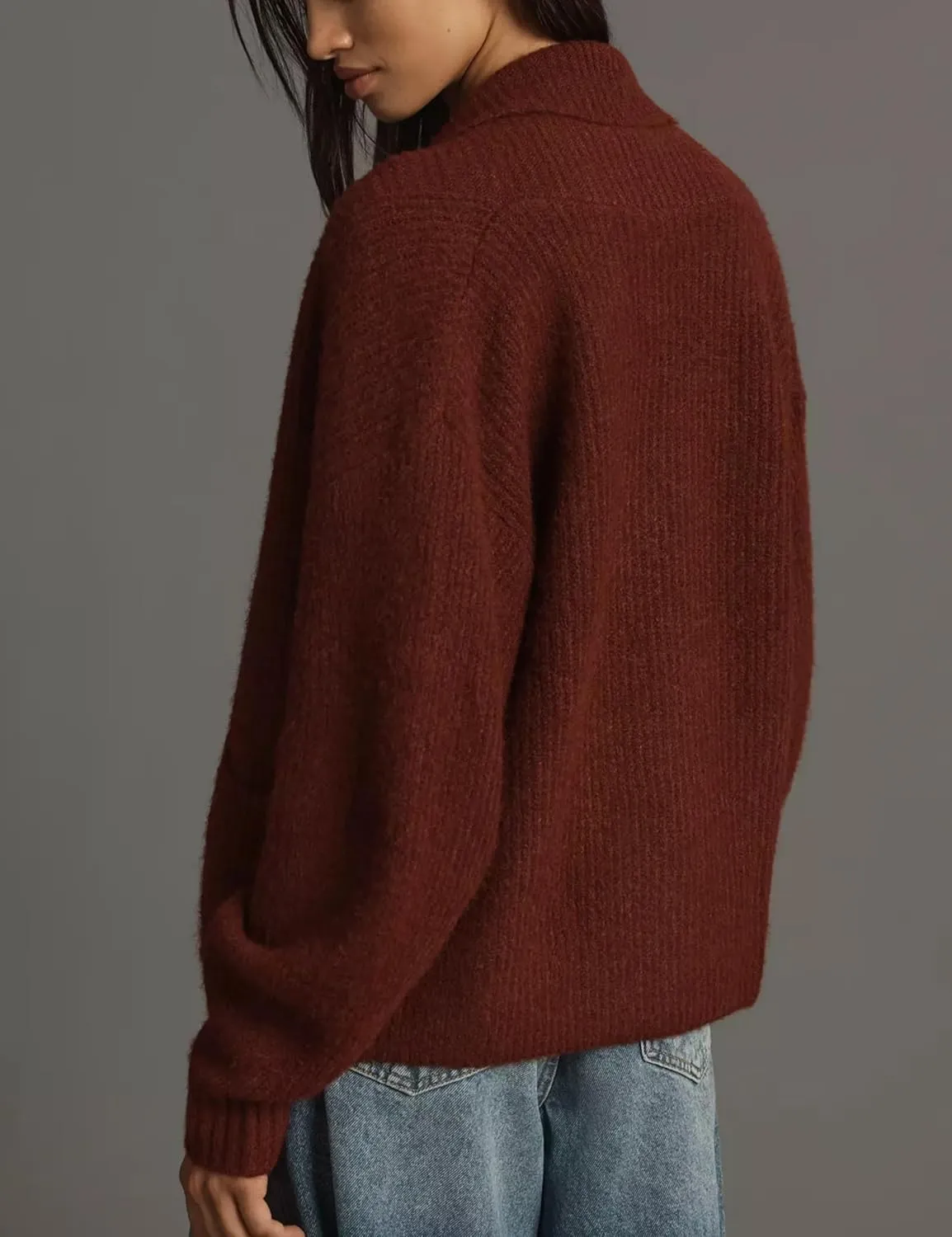 Shawl Collar Cardigan for Women Cropped Open Front Sweater Loose Casual Knitwear Chunky Knit Jacket with Pockets