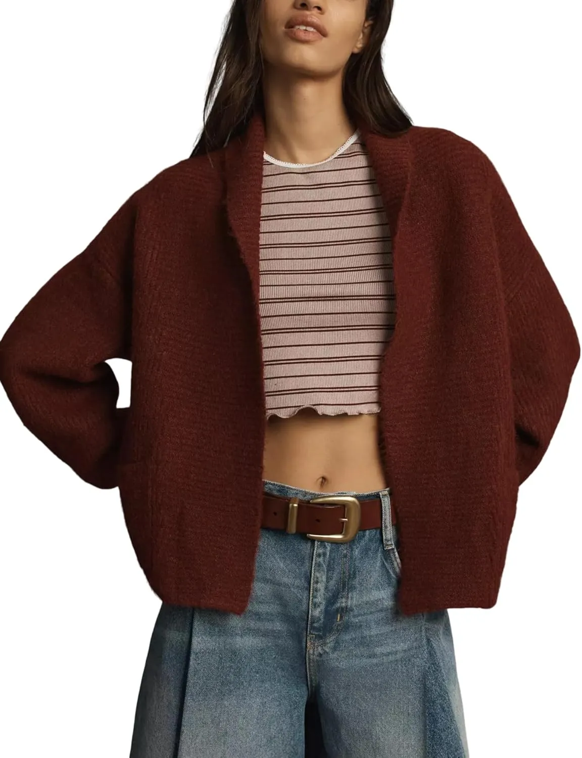 Shawl Collar Cardigan for Women Cropped Open Front Sweater Loose Casual Knitwear Chunky Knit Jacket with Pockets