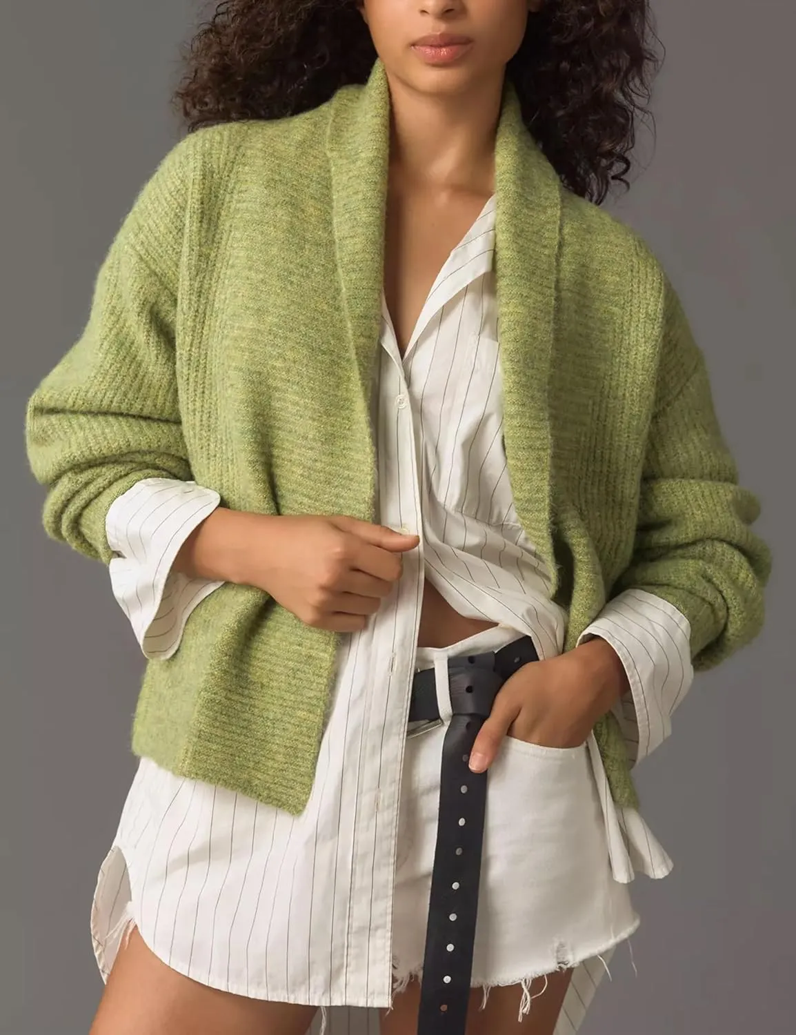 Shawl Collar Cardigan for Women Cropped Open Front Sweater Loose Casual Knitwear Chunky Knit Jacket with Pockets