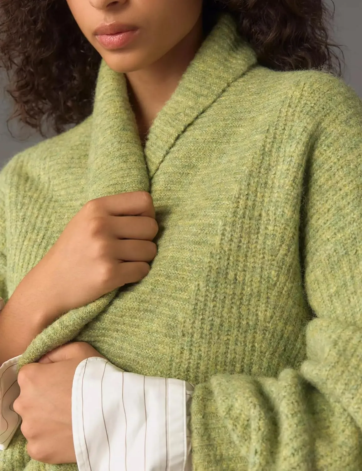 Shawl Collar Cardigan for Women Cropped Open Front Sweater Loose Casual Knitwear Chunky Knit Jacket with Pockets