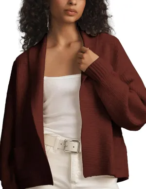 Shawl Collar Cardigan for Women Cropped Open Front Sweater Loose Casual Knitwear Chunky Knit Jacket with Pockets