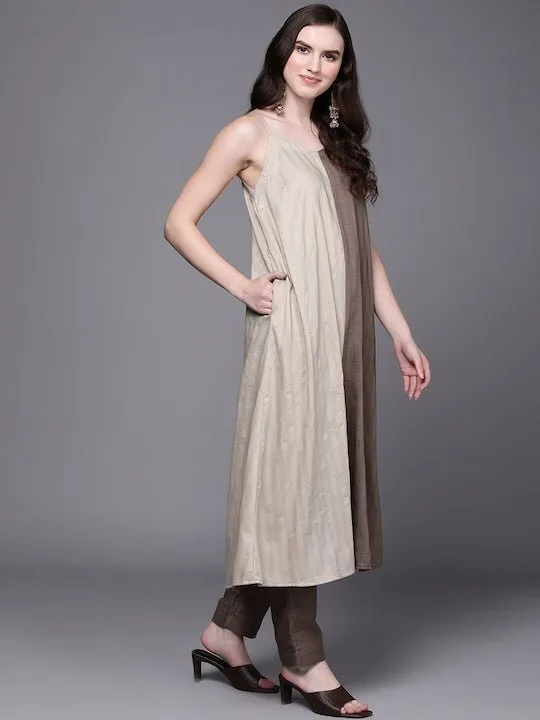 Shoulder Straps Colourblocked A-Line Kurta with Trousers