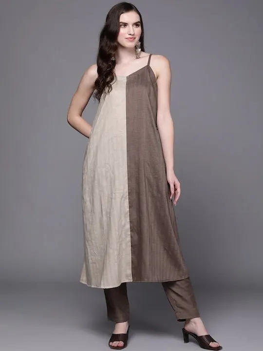 Shoulder Straps Colourblocked A-Line Kurta with Trousers
