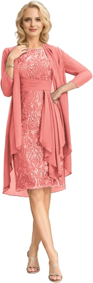 SIPUHK 2 Pieces Mother of The Bride Dresses with Jacket Lace Applique 3/4 Sleeve Bodycon Formal Dress for Women Wedding Guest