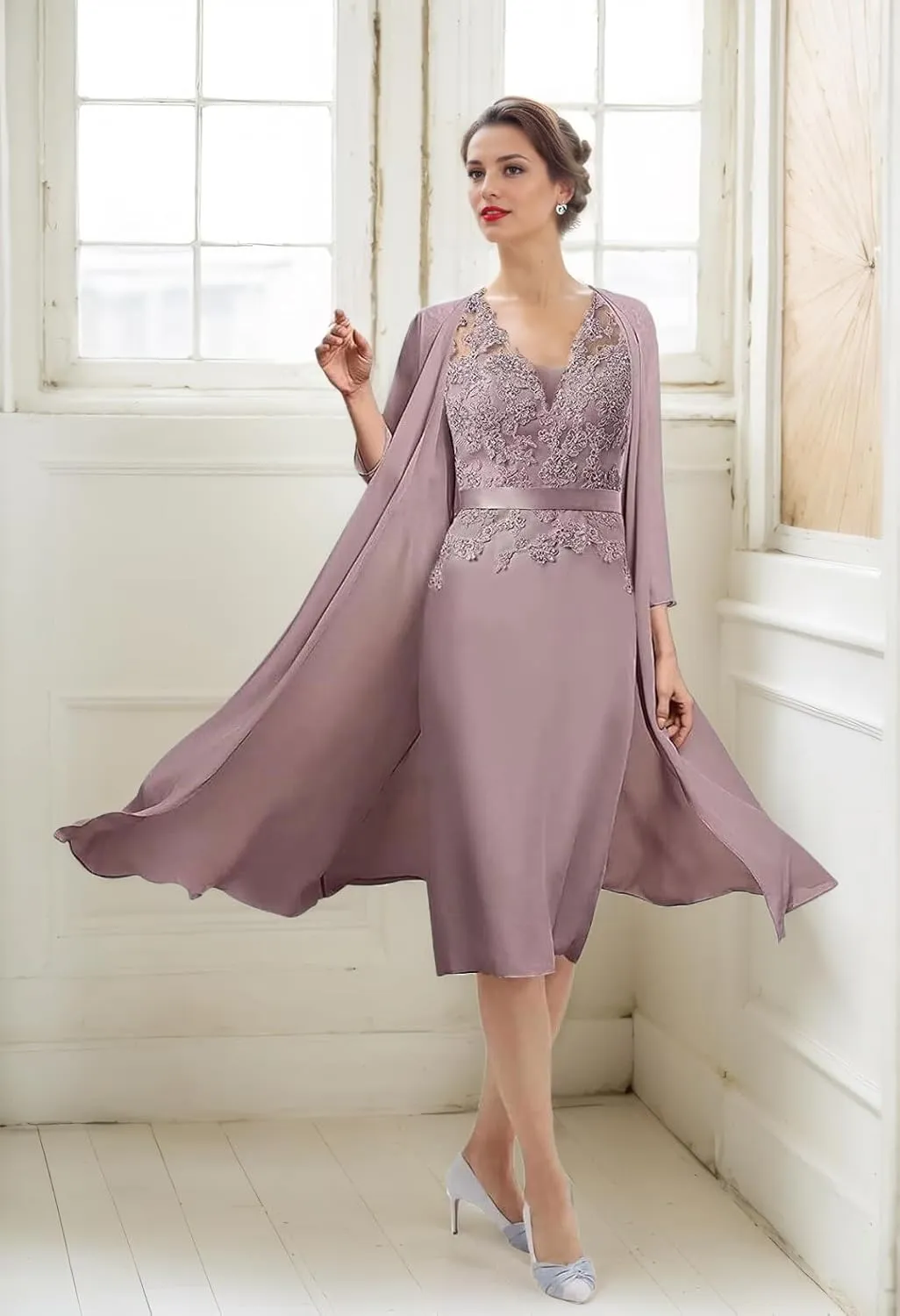 SIPUHK 2 Pieces Mother of The Bride Dresses with Jackets Lace Applique Long Sleeve Formal Dress for Women Wedding Guest