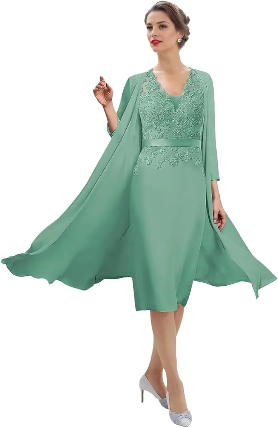 SIPUHK 2 Pieces Mother of The Bride Dresses with Jackets Lace Applique Long Sleeve Formal Dress for Women Wedding Guest
