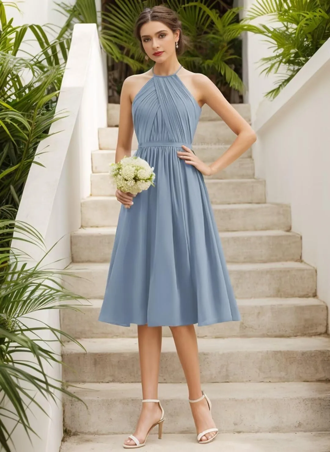 SIPUHK Short Bridesmaid Dresses for Wedding Halter-Neck Formal Dress Ruched Chiffon Backless Elegant Evening Gowns for Women