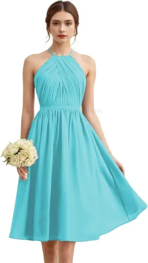 SIPUHK Short Bridesmaid Dresses for Wedding Halter-Neck Formal Dress Ruched Chiffon Backless Elegant Evening Gowns for Women