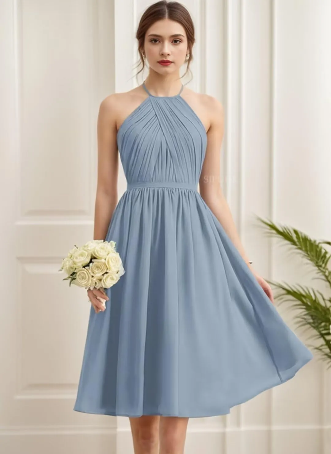 SIPUHK Short Bridesmaid Dresses for Wedding Halter-Neck Formal Dress Ruched Chiffon Backless Elegant Evening Gowns for Women
