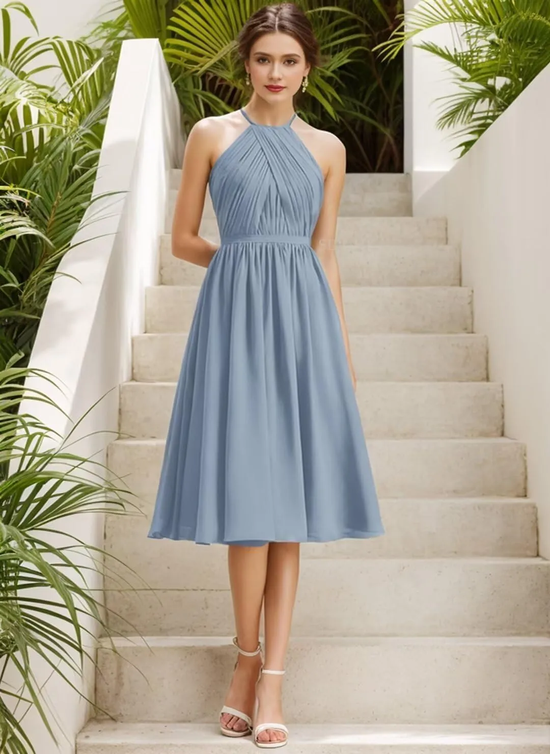 SIPUHK Short Bridesmaid Dresses for Wedding Halter-Neck Formal Dress Ruched Chiffon Backless Elegant Evening Gowns for Women