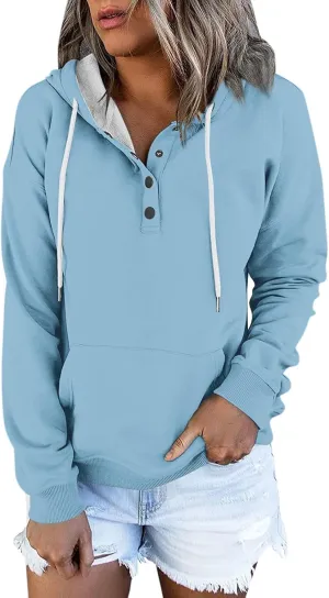 slqdgmryz Hoodies for Women Button Preppy Tunic Sweatshirt Plain Cute Hoodie Drawstring Long Sleeve Pullover with Pockets