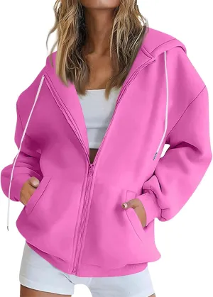 slqdgmryz Zip Up Hoodie Women Drawstring Oversized Sweatshirt Zipped Cute Hoodies Y2k Workout Fleece Jacket with Pockets