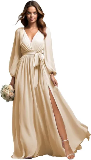 SOLODISH Women's Long Sleeve Bridesmaid Dresses for Wedding Chiffon Pleated Formal Evening Gown with Slit