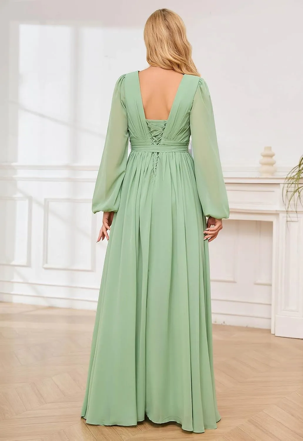SOLODISH Women's Long Sleeve Bridesmaid Dresses for Wedding Chiffon Pleated Formal Evening Gown with Slit