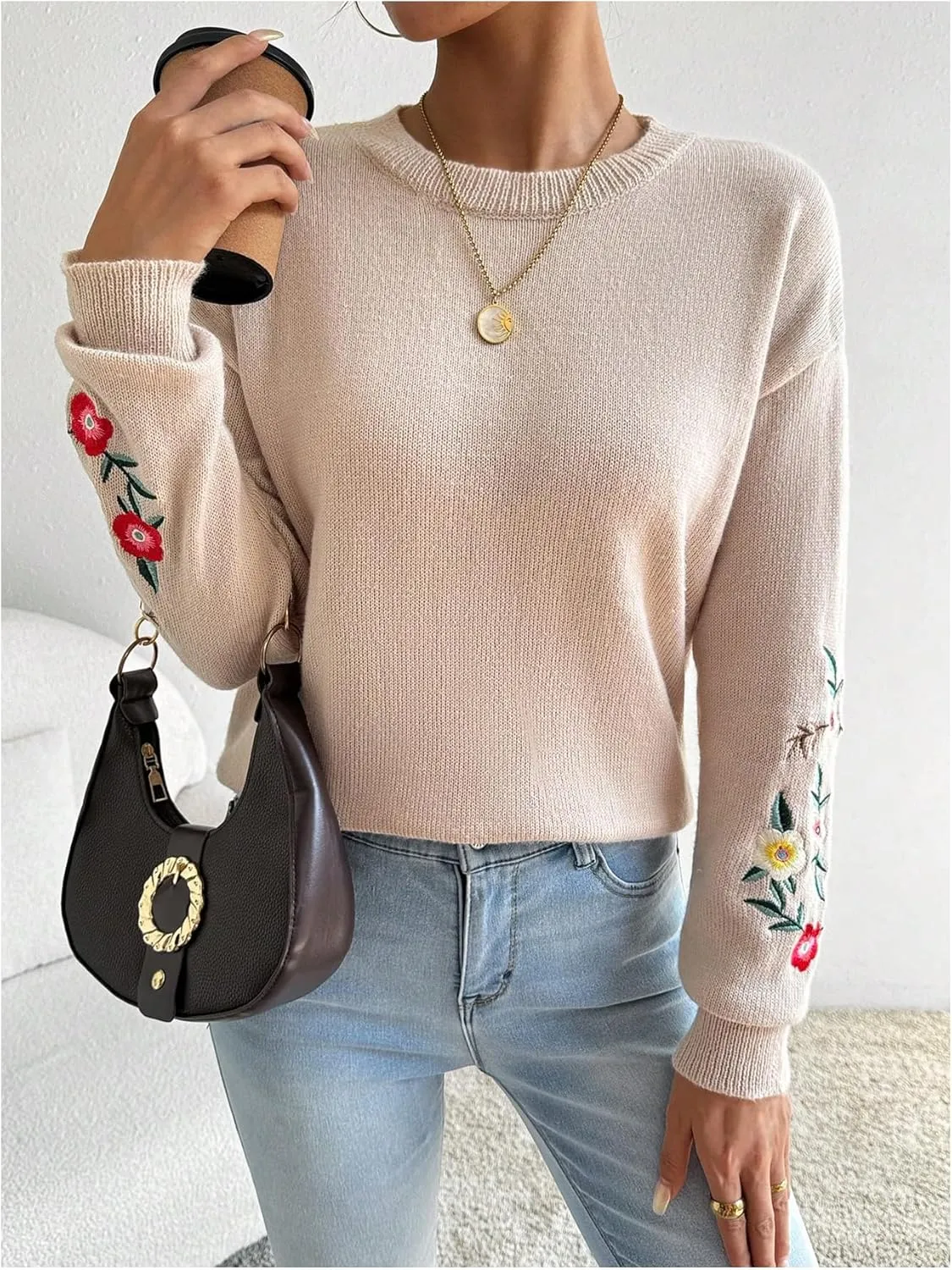 SOLY HUX Women's Floral Embroidery Sweaters Crew Neck Drop Shoulder Long Sleeve Knit Sweater Pullover Fall Tops