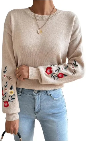 SOLY HUX Women's Floral Embroidery Sweaters Crew Neck Drop Shoulder Long Sleeve Knit Sweater Pullover Fall Tops