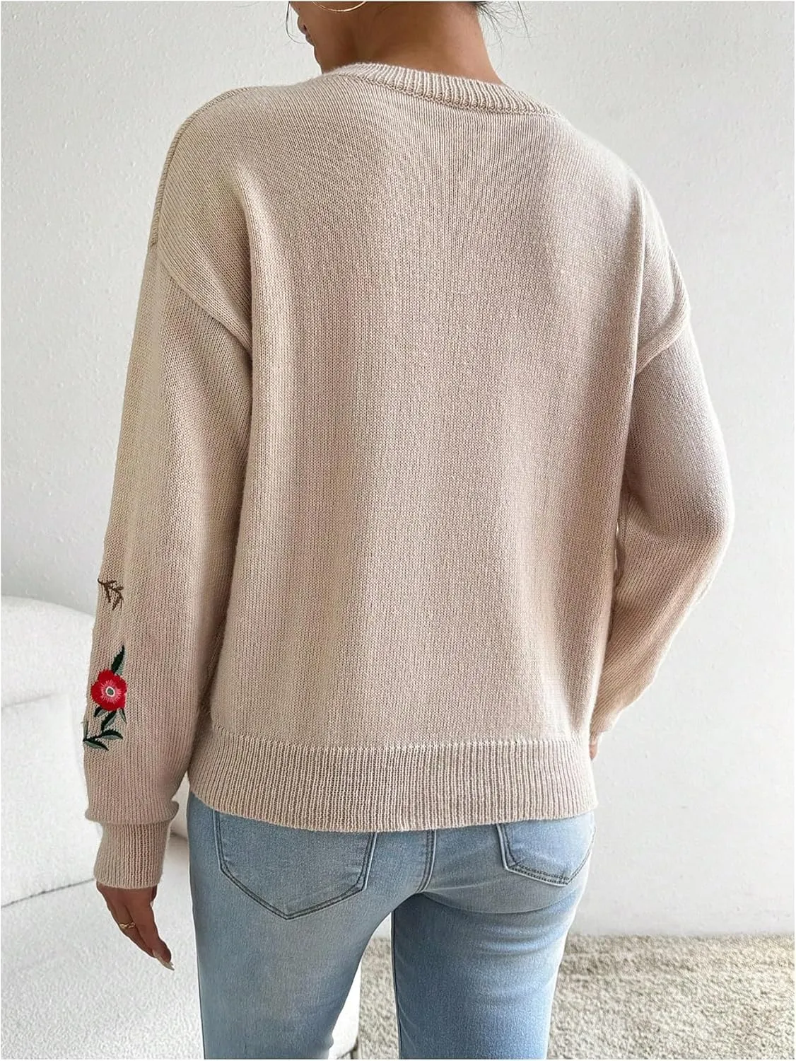 SOLY HUX Women's Floral Embroidery Sweaters Crew Neck Drop Shoulder Long Sleeve Knit Sweater Pullover Fall Tops