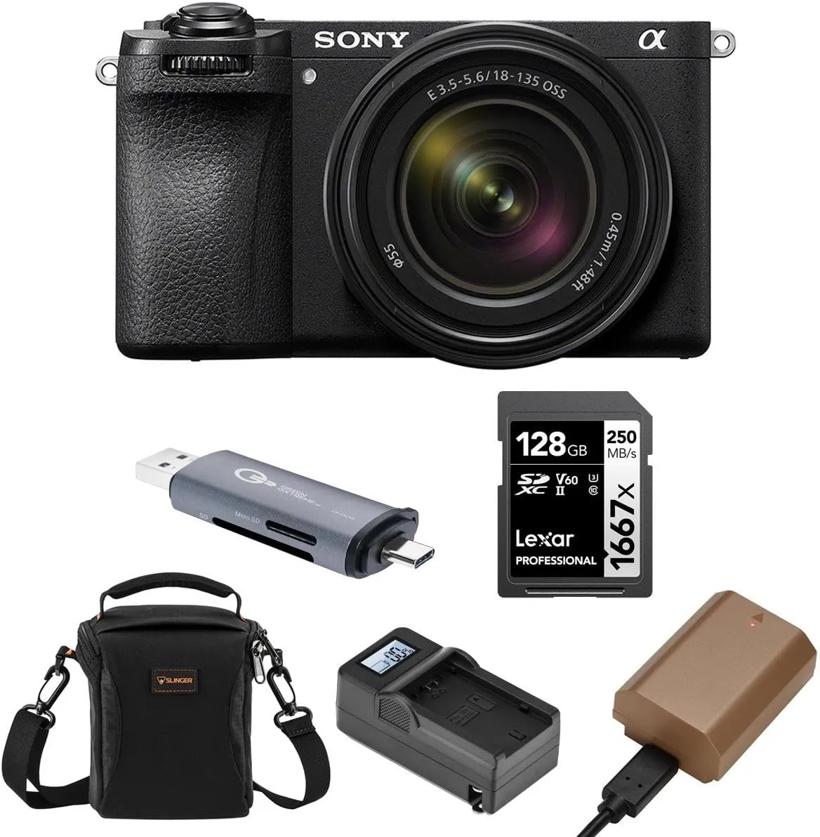 Sony Alpha a6700 Mirrorless Camera Body with E 18-135mm f/3.5-5.6 OSS Lens Bundle with Shoulder Bag, 128GB SD Card, Card Reader, Extra Battery, Charger