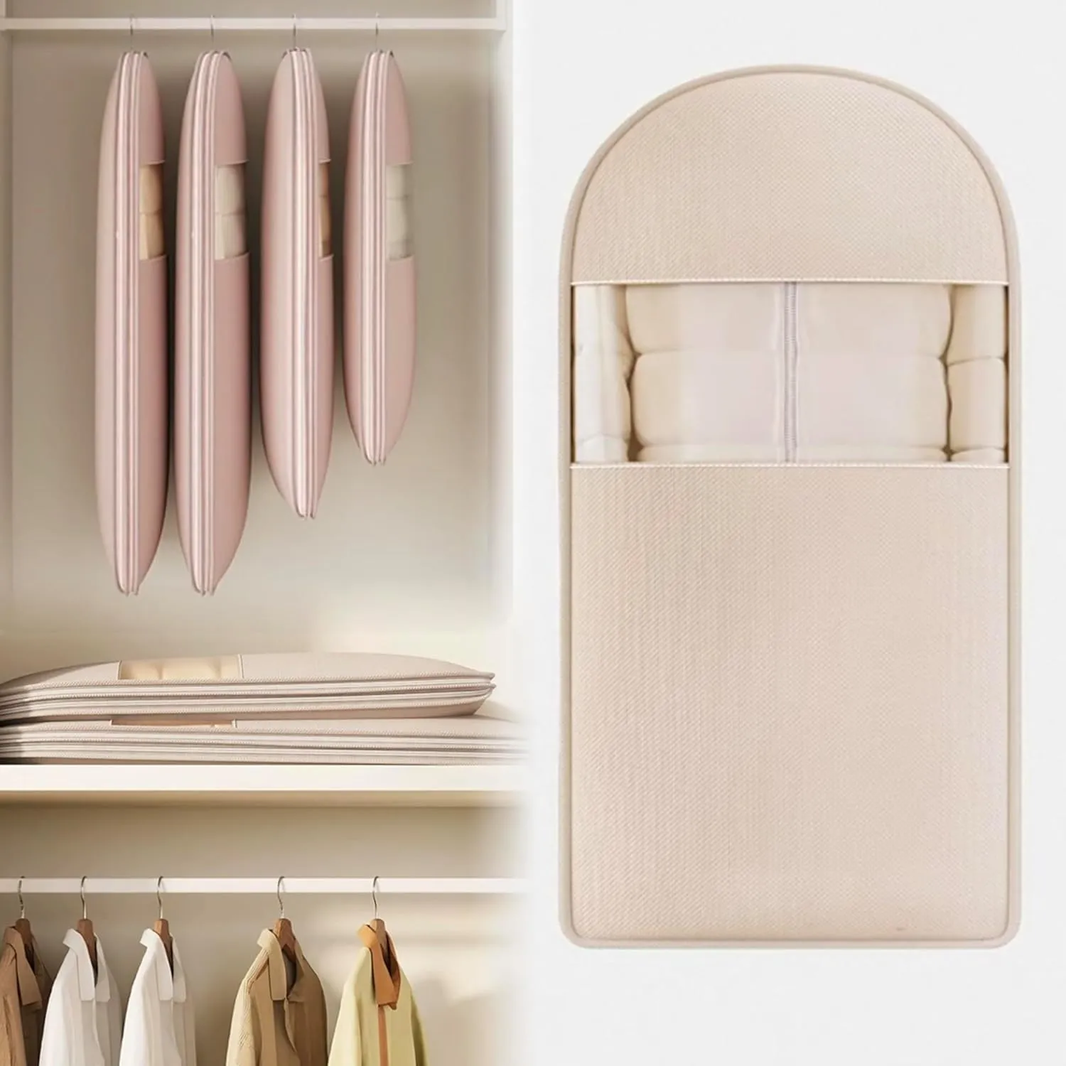 Space Saving Hanging Garment Bag, Hanging Garment Bag with Self Compression Zipper Space Saver Closet Organizers Space Saving Garment Bags, Space Saving Hanging Protector for Down Coat (Beige, L)