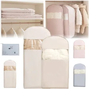 Space Saving Hanging Garment Bag Protector with Self Compression Zipper, Closet Space Saver Storage and Organizer Bags for Clothes, Travel Dust Cover Clothes Bag for down Coat(Beige,M L)