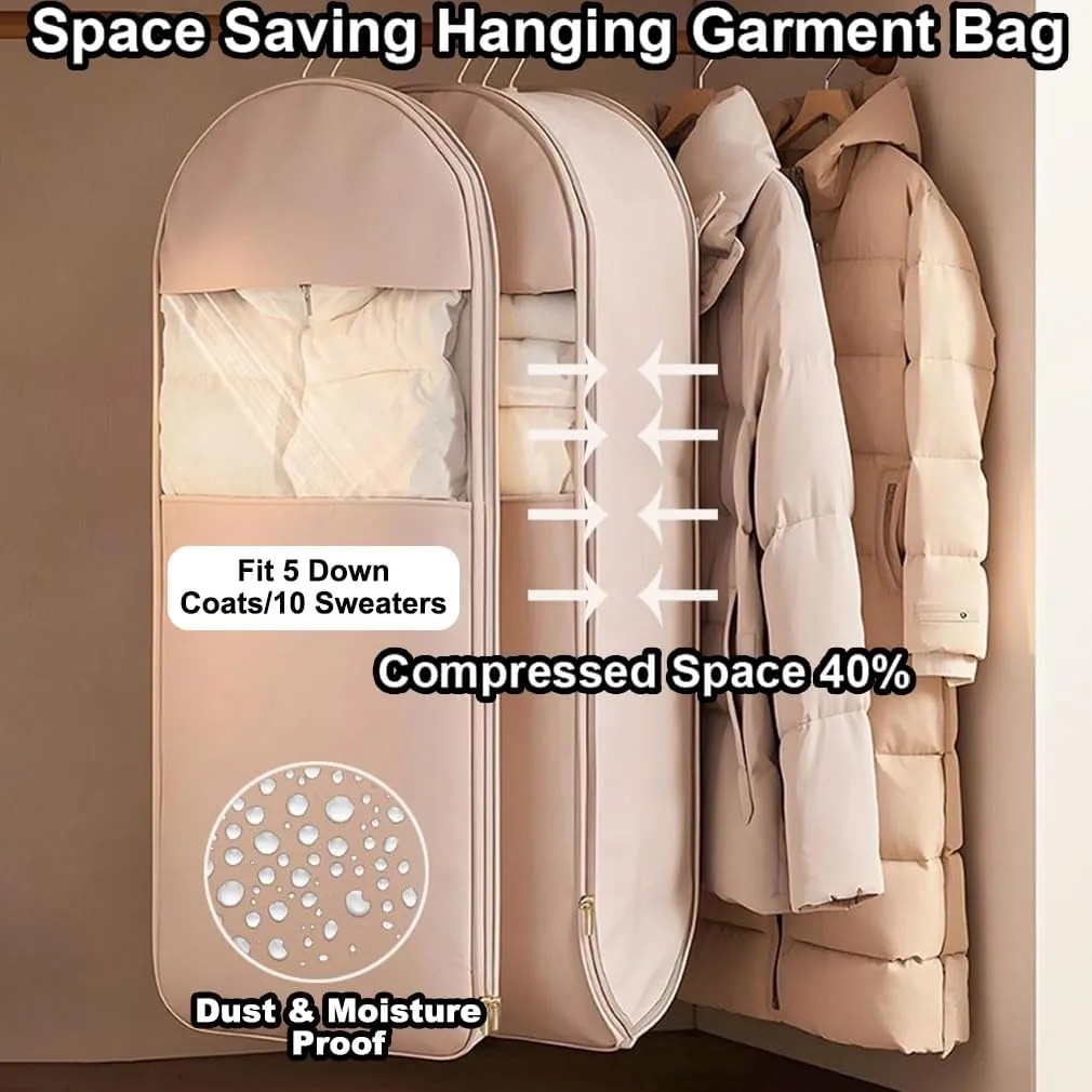 Space Saving Hanging Garment Bag Protector with Self Compression Zipper, Closet Space Saver Storage and Organizer Bags for Clothes, Travel Dust Cover Clothes Bag for down Coat(Beige,M L)