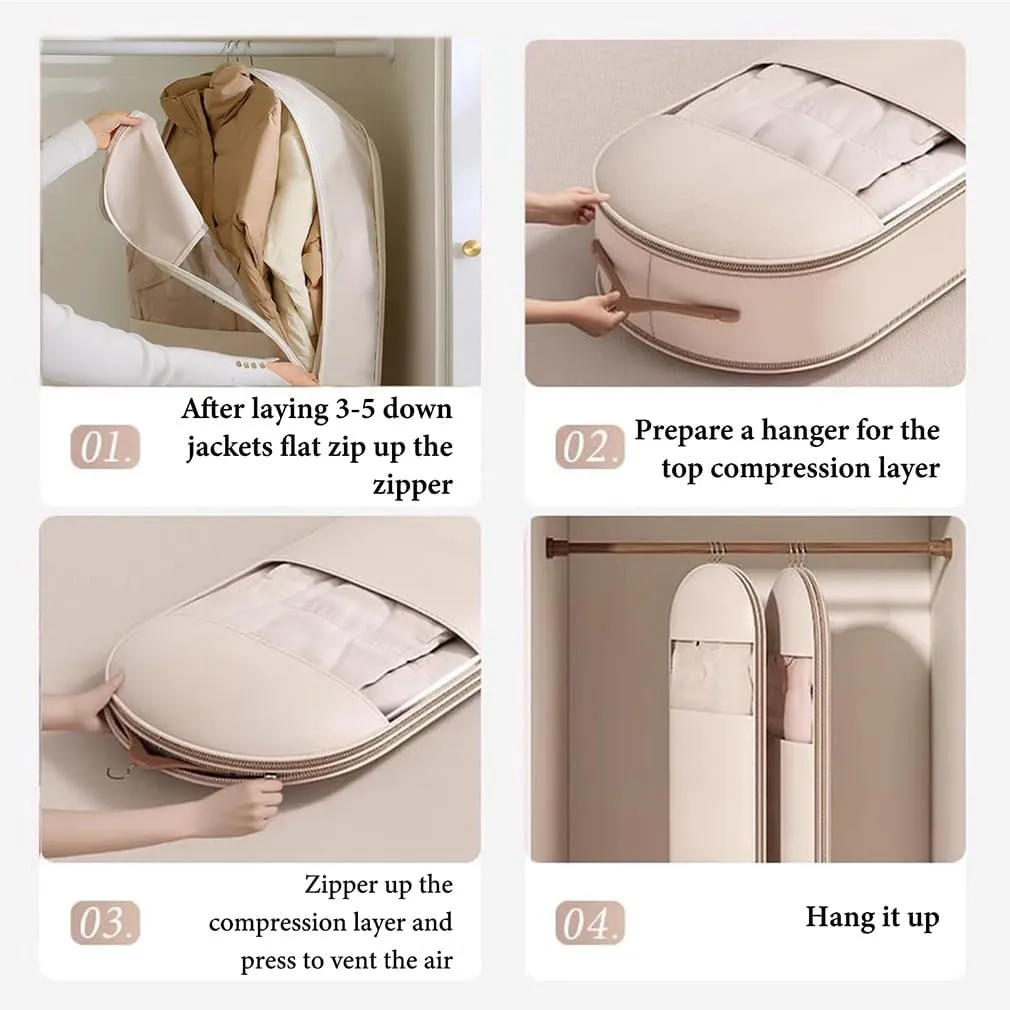 Space Saving Hanging Garment Bag Protector with Self Compression Zipper, Closet Space Saver Storage and Organizer Bags for Clothes, Travel Dust Cover Clothes Bag for down Coat(Beige,M L)