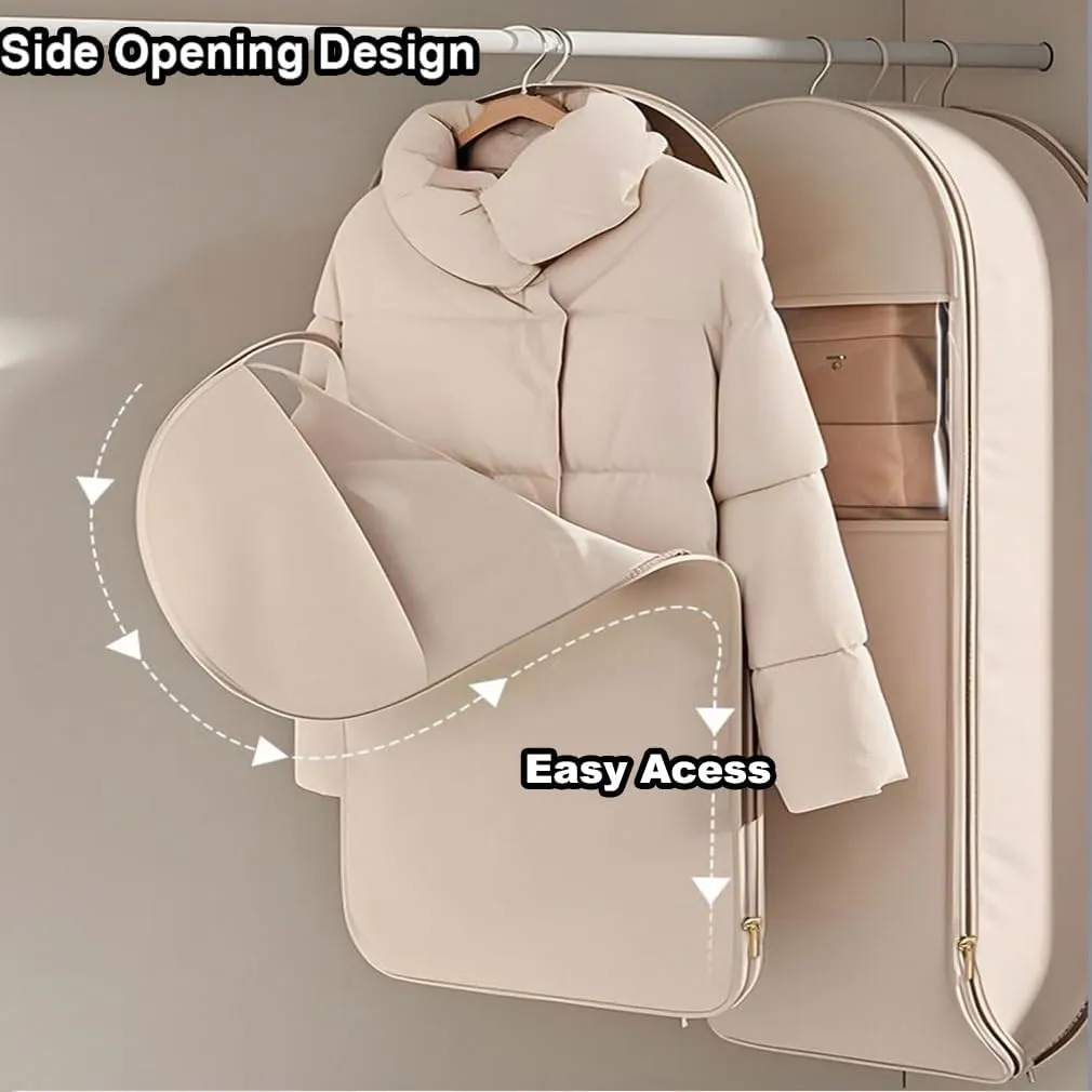 Space Saving Hanging Garment Bag Protector with Self Compression Zipper, Closet Space Saver Storage and Organizer Bags for Clothes, Travel Dust Cover Clothes Bag for down Coat(Beige,M L)