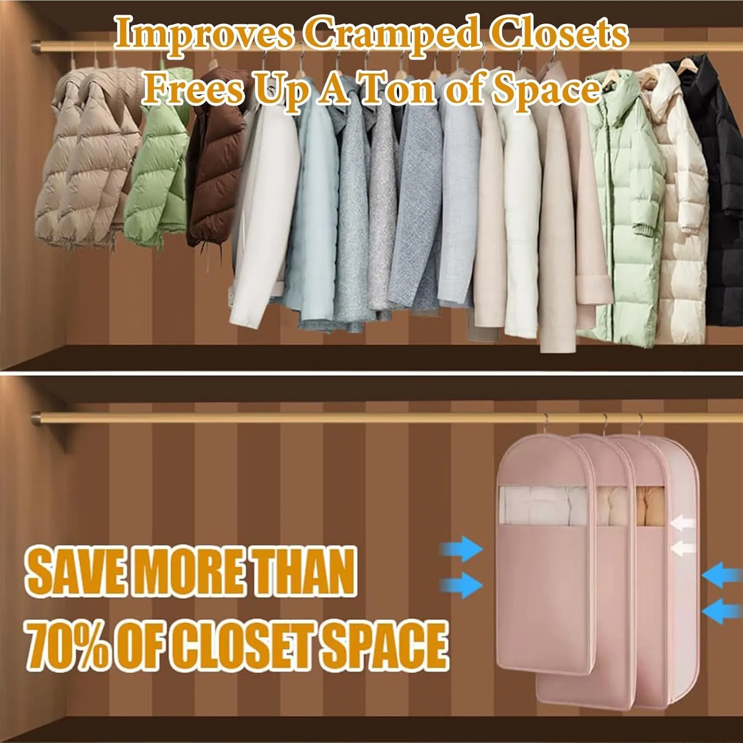Space Saving Hanging Garment Bag Protector with Self Compression Zipper, Closet Space Saver Storage and Organizer Bags for Clothes, Travel Dust Cover Clothes Bag for down Coat(Beige,M L)