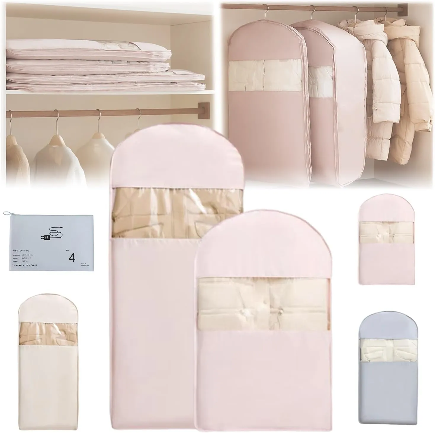 Space Saving Hanging Garment Bag Protector with Self Compression Zipper, Closet Space Saver Storage and Organizer Bags for Clothes, Travel Dust Cover Clothes Bag for down Coat(Pink,S L)