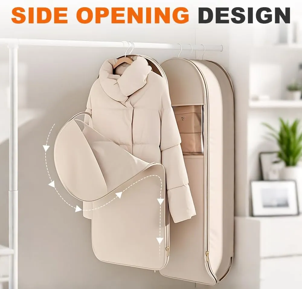 Space Saving Hanging Garment Bag with Self Compression Zipper, 2025 New Space Saver Closet Organizers, Down Coat Compression Dust Cover for Closet Storage (Beige, L)