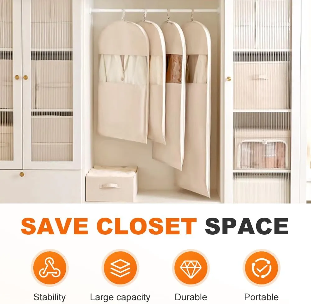 Space Saving Hanging Garment Bag with Self Compression Zipper, 2025 New Space Saver Closet Organizers, Down Coat Compression Dust Cover for Closet Storage (Beige, S M L)