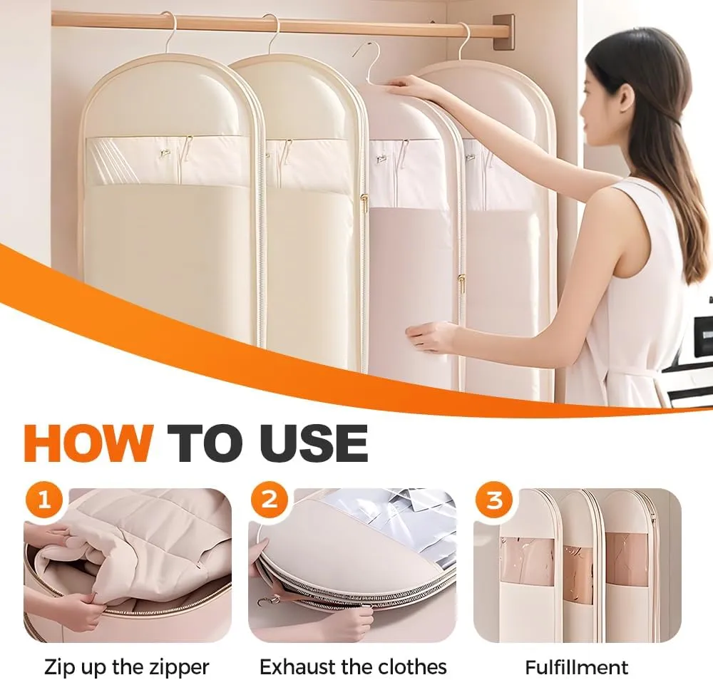 Space Saving Hanging Garment Bag with Self Compression Zipper, 2025 New Space Saver Closet Organizers, Down Coat Compression Dust Cover for Closet Storage (Beige, S M L)