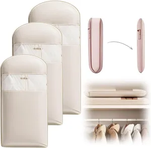 Space Saving Hanging Garment Bag with Self Compression Zipper, 2025 New Space Saver Closet Organizers, Down Coat Compression Dust Cover for Closet Storage (Beige, S M L)
