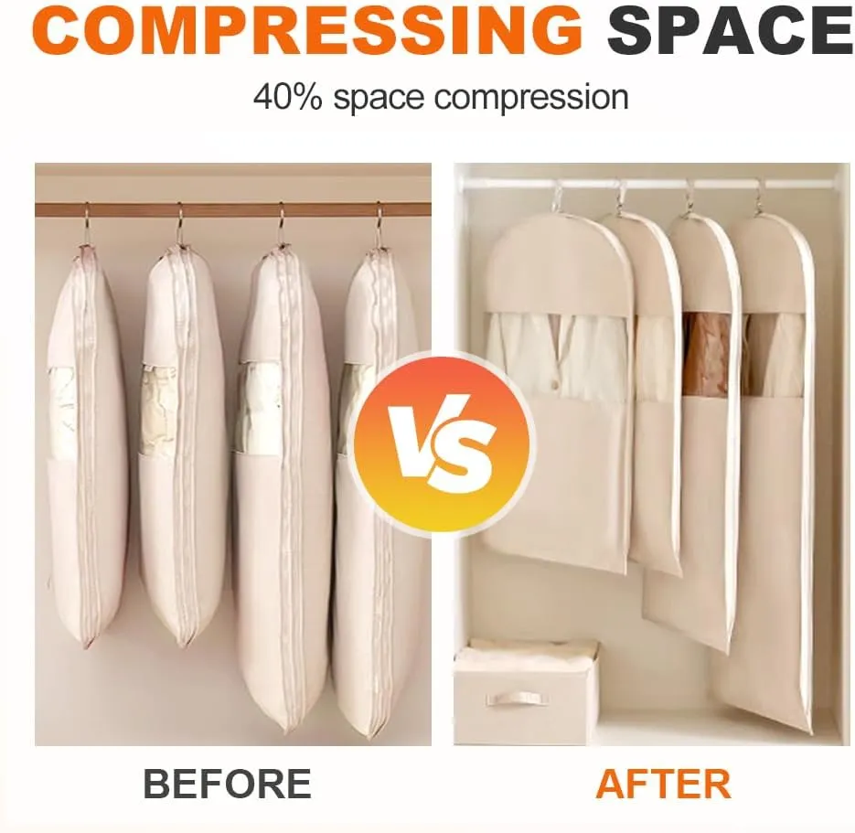 Space Saving Hanging Garment Bag with Self Compression Zipper, 2025 New Space Saver Closet Organizers, Down Coat Compression Dust Cover for Closet Storage (Beige, S M L)