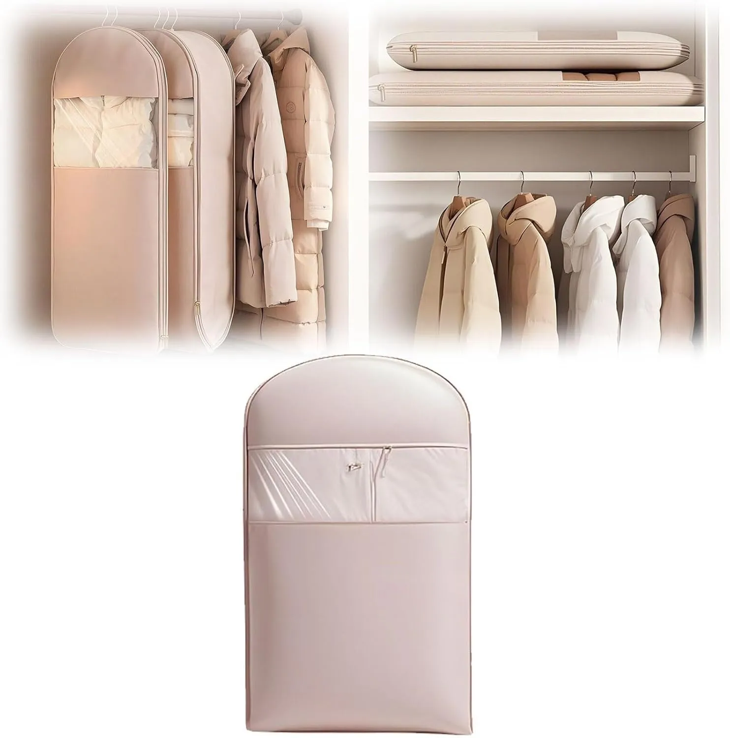 Space Saving Hanging Garment Bag with Self Compression Zipper, 2025 New Space Saving Hanging Protector, Dust Cover Clothes Bags for down Coat, Transparent Visibility(Pink,M)