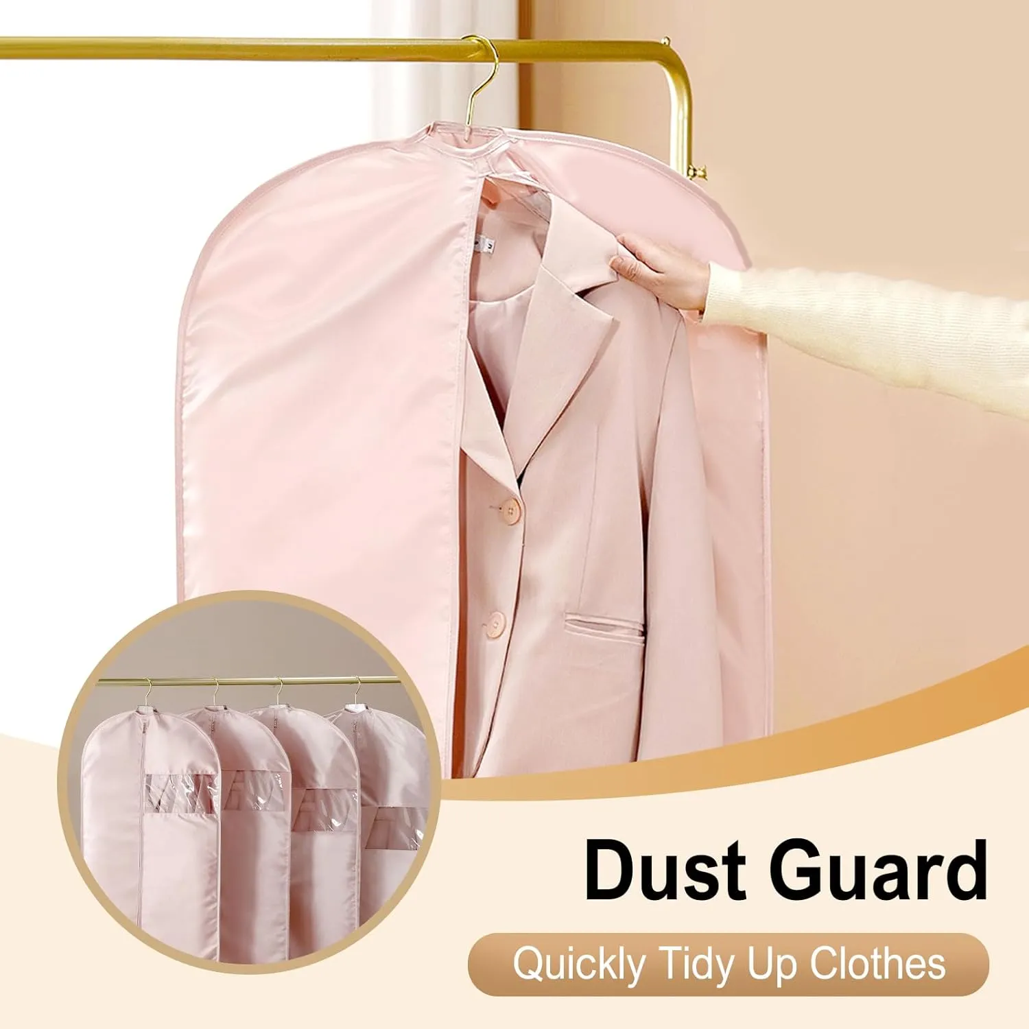Space Saving Hanging Garment Bag with Self Compression Zipper, 2025 Upgraded Dust Cover Clothes Bags for Down Coat, Space Saver Closet Organizers, Dustproof Clothes Storage (Beige, Large)