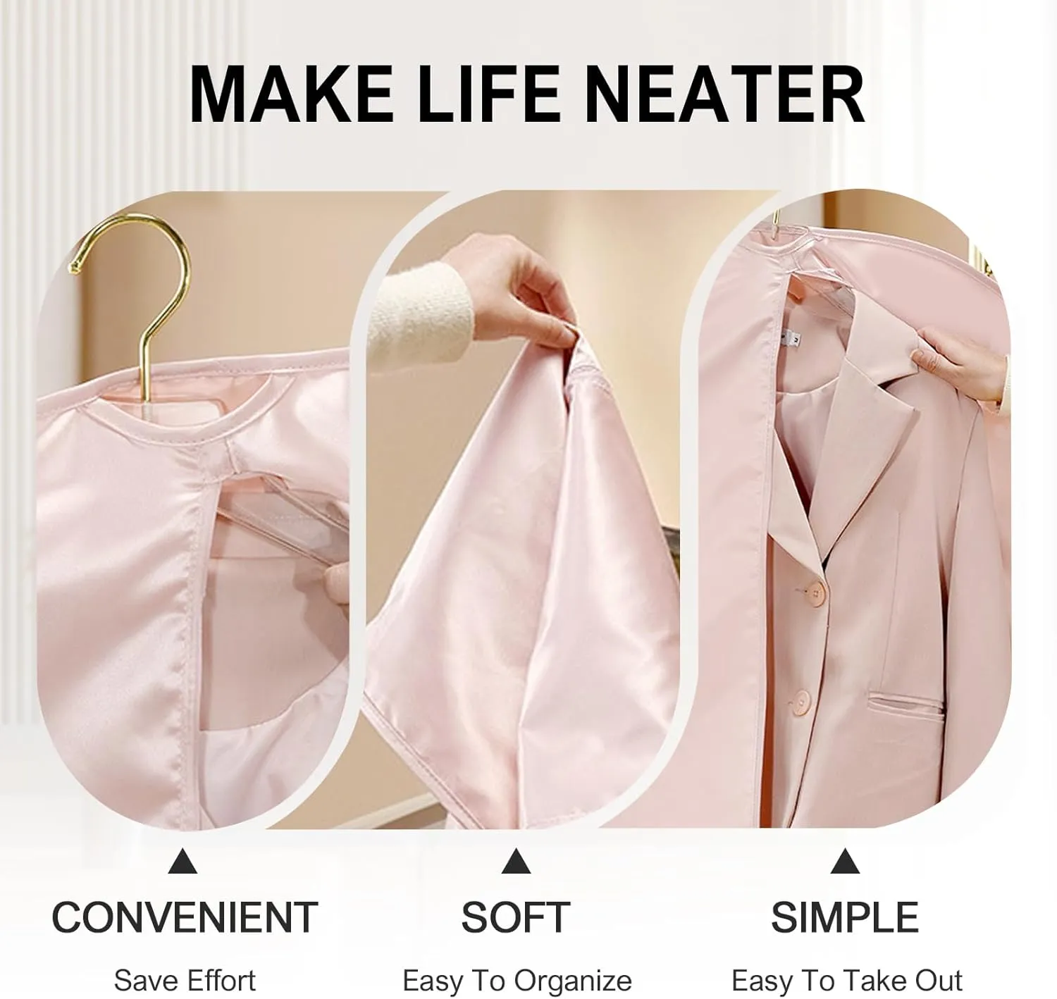 Space Saving Hanging Garment Bag with Self Compression Zipper, 2025 Upgraded Dust Cover Clothes Bags for Down Coat, Space Saver Closet Organizers, Dustproof Clothes Storage (Beige, Large)