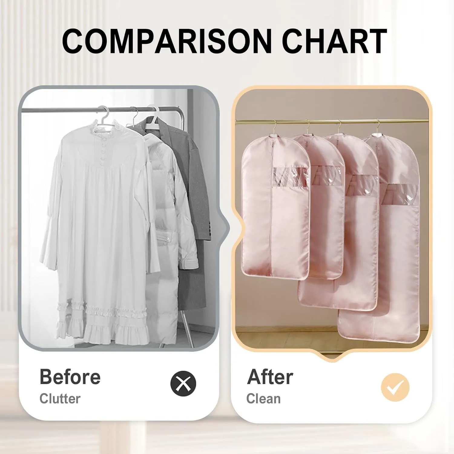 Space Saving Hanging Garment Bag with Self Compression Zipper, 2025 Upgraded Dust Cover Clothes Bags for Down Coat, Space Saver Closet Organizers, Dustproof Clothes Storage (Beige, Large)