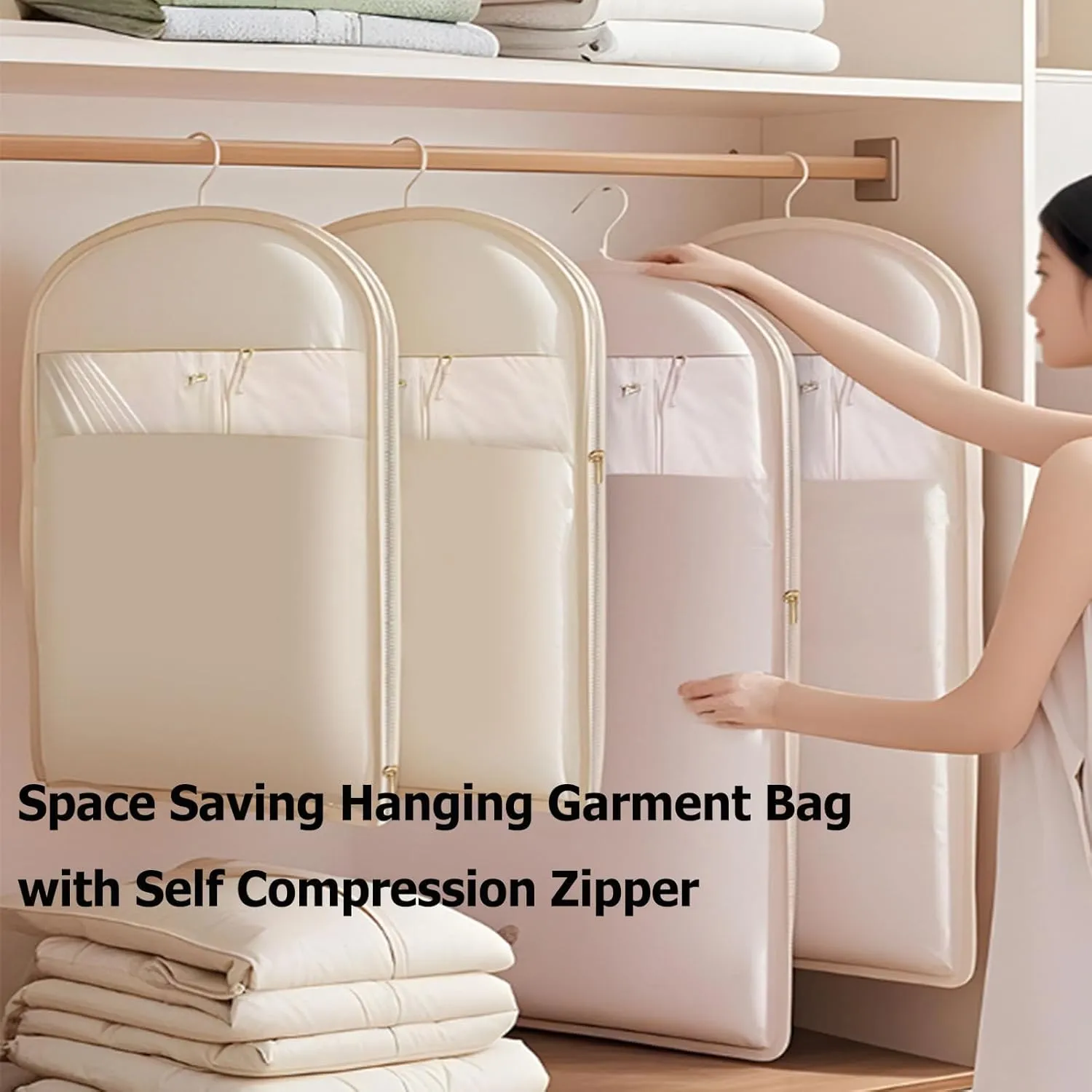 Space Saving Hanging Garment Bag With Self Compression Zipper, 90/110/130cm New Space Saver Closet Organizers, Hanging Dust Cover For Compression Garment And Clothes Storage (3pc-2,M L XL)