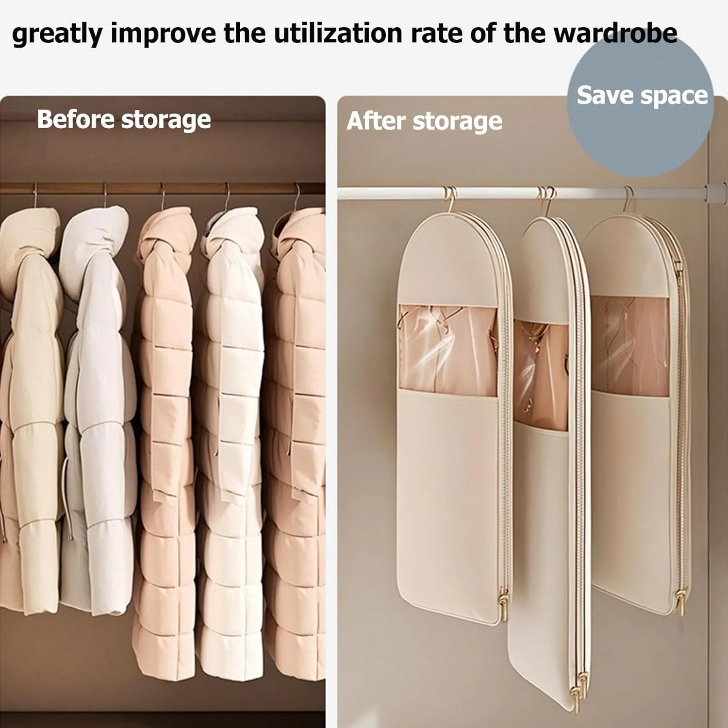 Space Saving Hanging Garment Bag With Self Compression Zipper, 90/110/130cm New Space Saver Closet Organizers, Hanging Dust Cover For Compression Garment And Clothes Storage (3pc-2,M L XL)