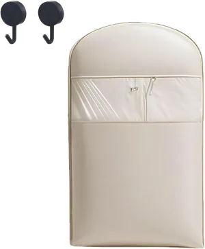 Space Saving Hanging Garment Bag with Self Compression Zipper, Coat Space Saver Storage Bags, Winter Coats Storage, Dust Cover Clothes Bags for down Coat, for Down Jacket, Dress (Beige, S)